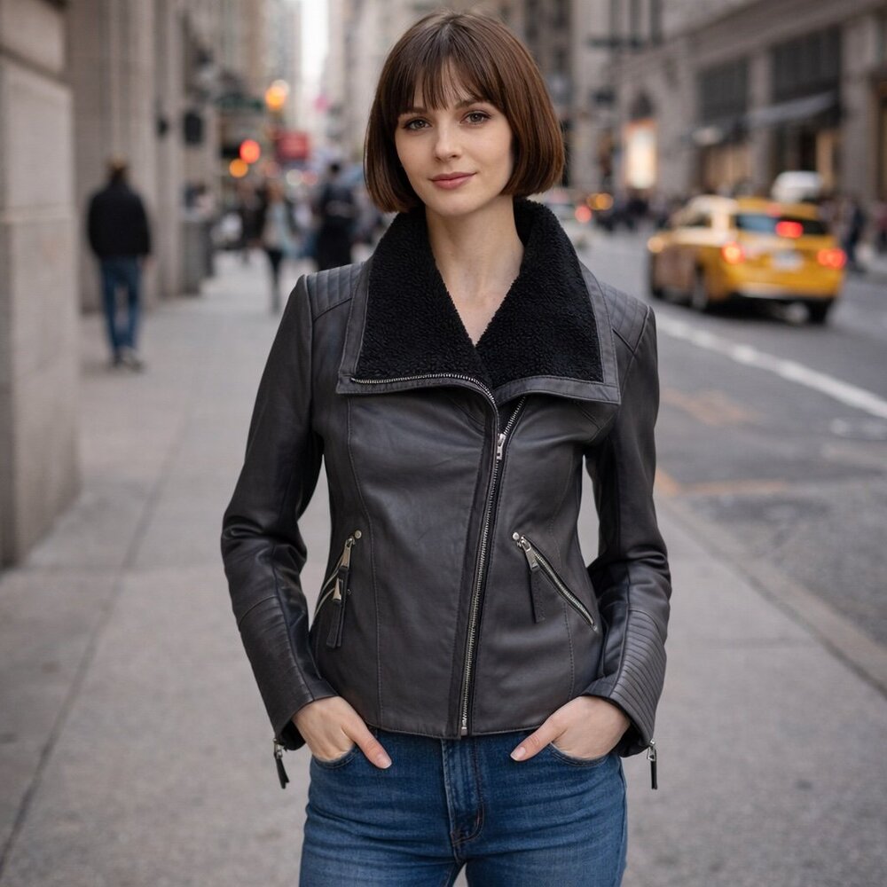 BCBGeneration - grey leather moto jacket with faux shearling collar - size S